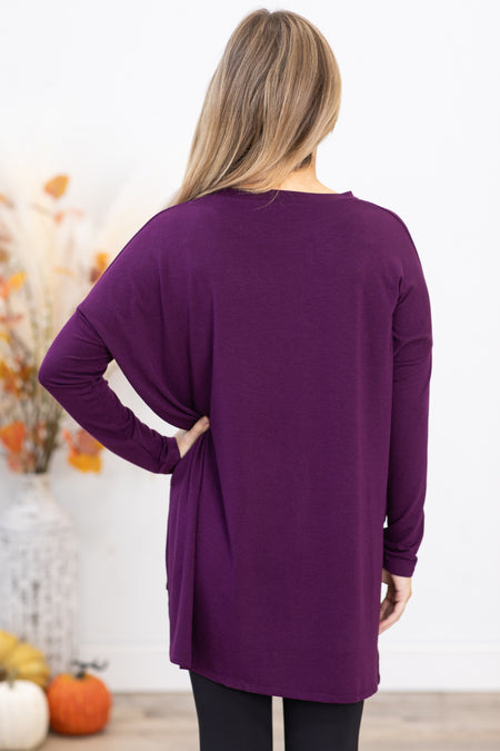 Eggplant Dolman Sleeve Top With Side Slit