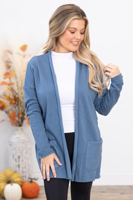 Dusty Blue Soft Knit Cardigan With Pockets