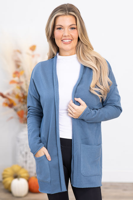 Dusty Blue Soft Knit Cardigan With Pockets