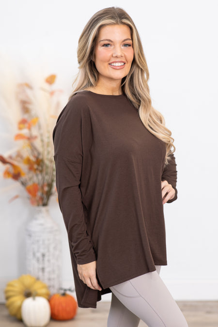 Brown Dolman Sleeve Top With Side Slit