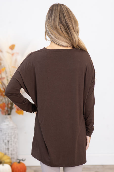 Brown Dolman Sleeve Top With Side Slit