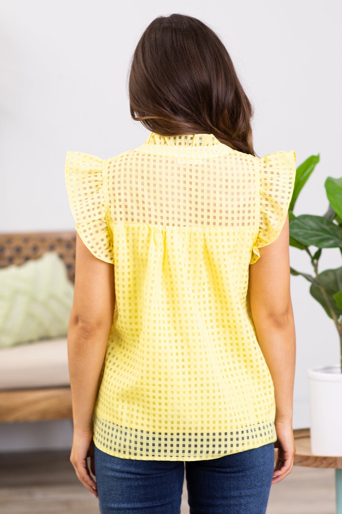 Pastel Yellow Tonal Gingham Flutter Sleeve Top - Filly Flair