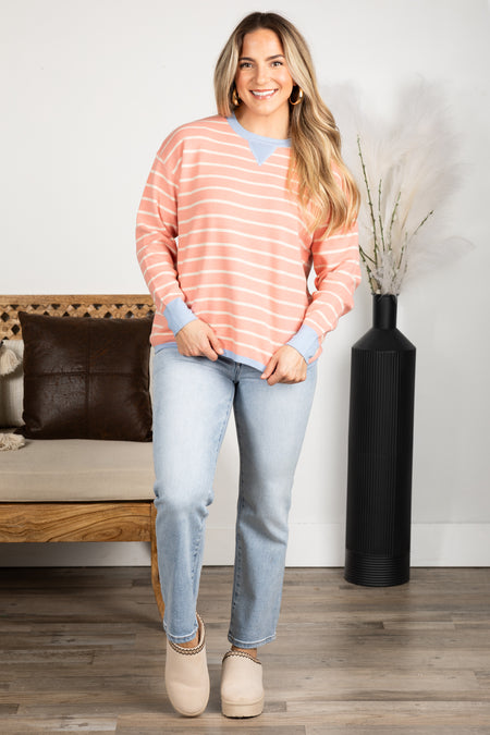 Oversized Striped Color Contrast Crew Neck Top