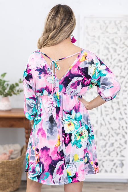 Purple Multicolor Half Sleeve Floral Dress