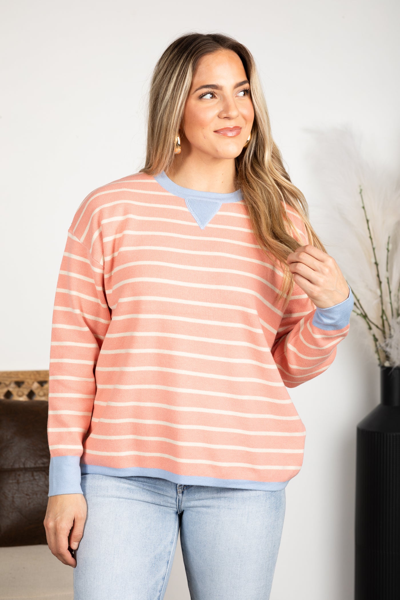 Oversized Striped Color Contrast Crew Neck Top