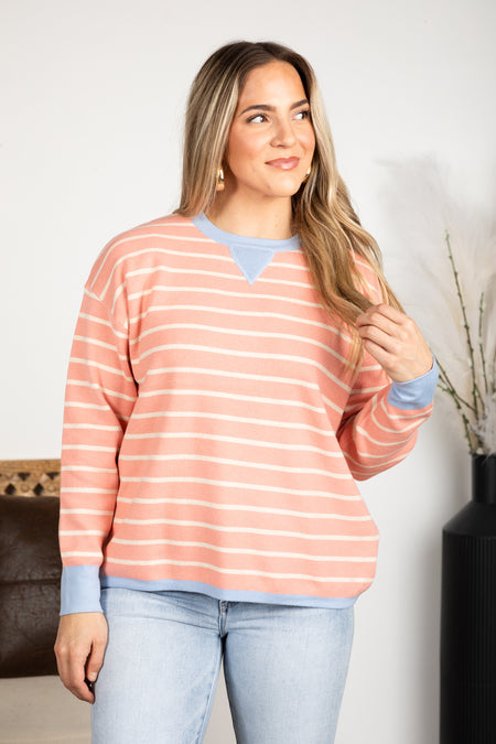 Oversized Striped Color Contrast Crew Neck Top