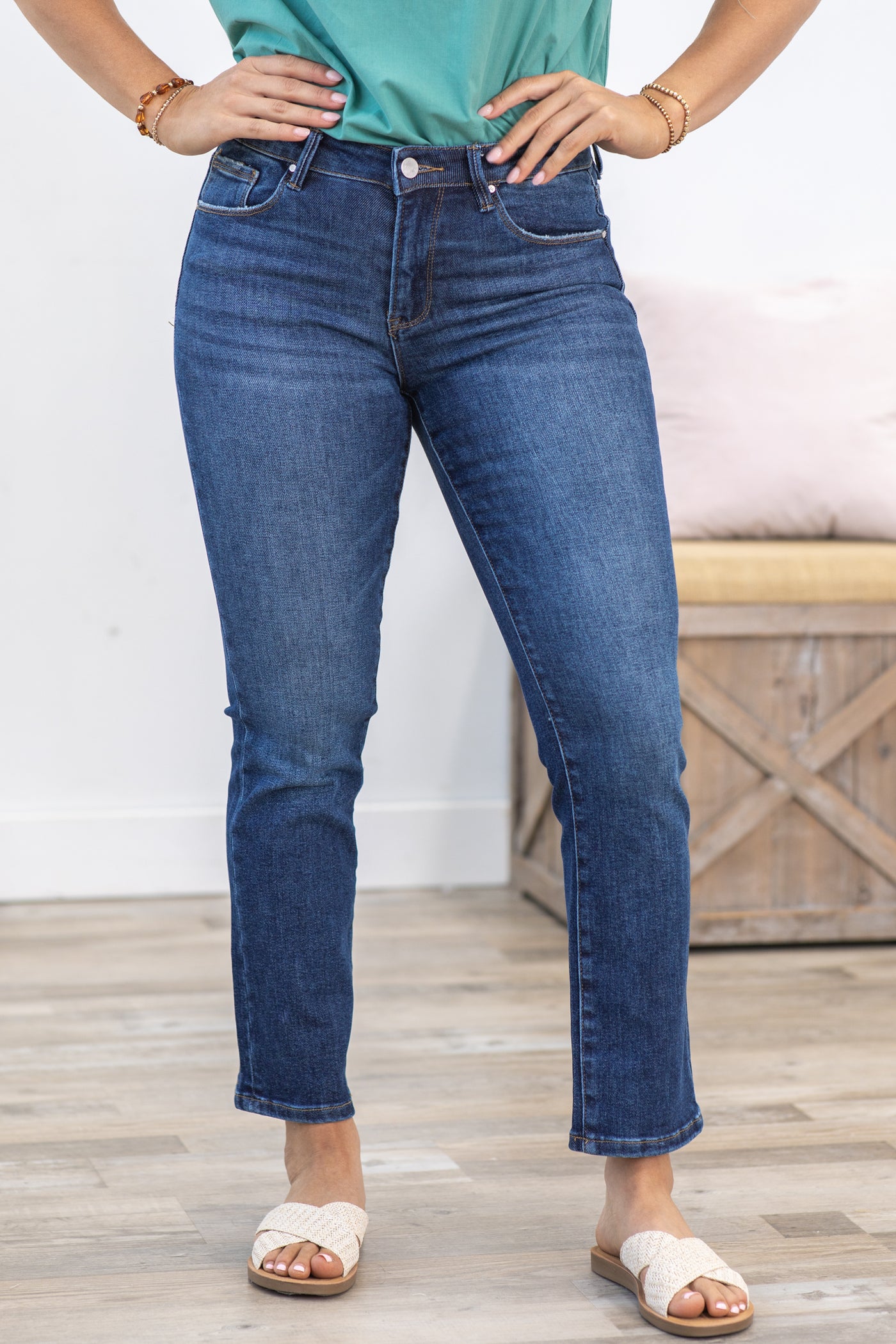 Risen Mid Rise Ankle Straight Slim Jeans