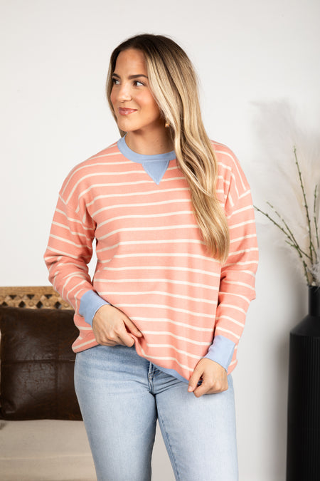 Oversized Striped Color Contrast Crew Neck Top