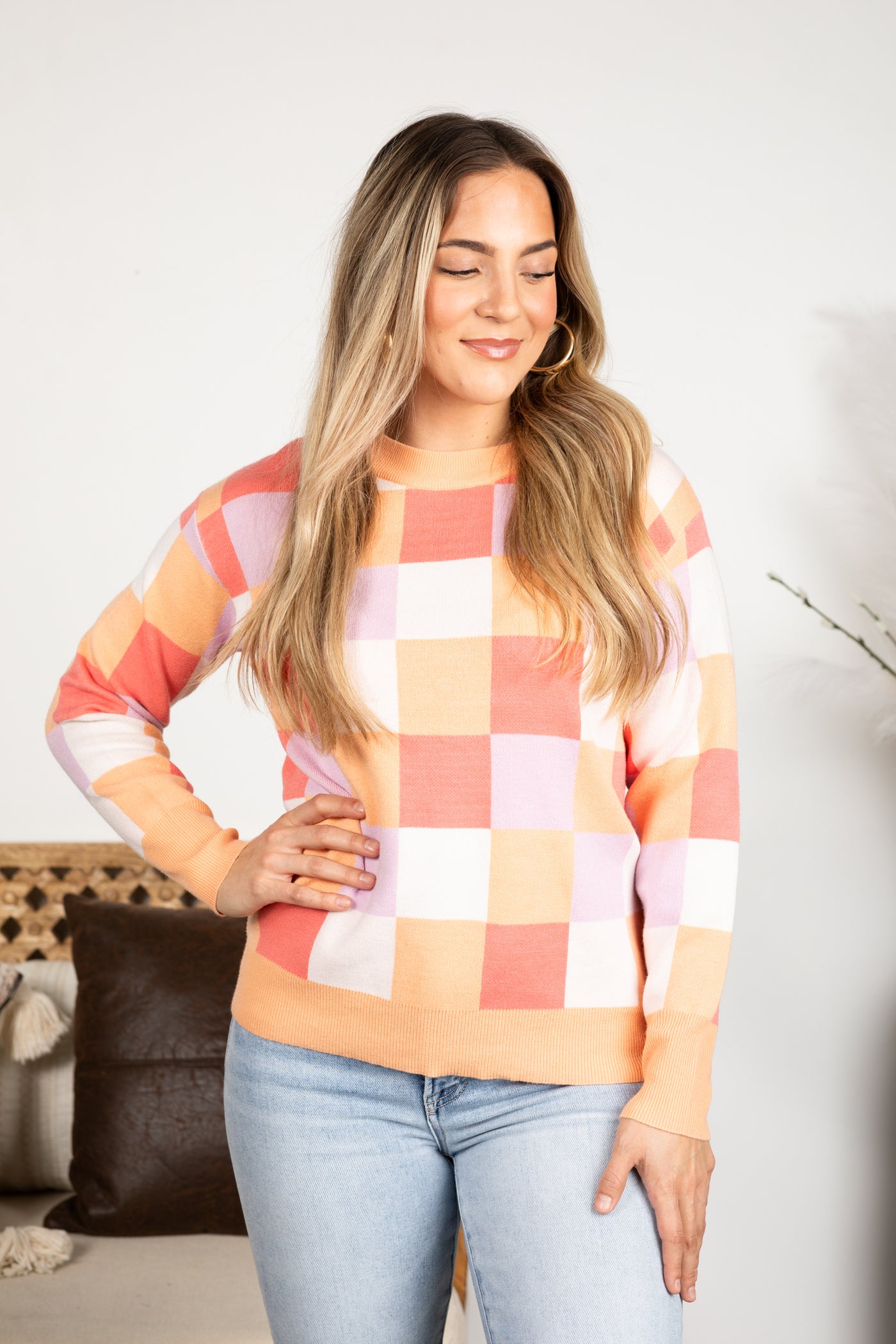 Multi Colored Checkerboard Print Knit Top