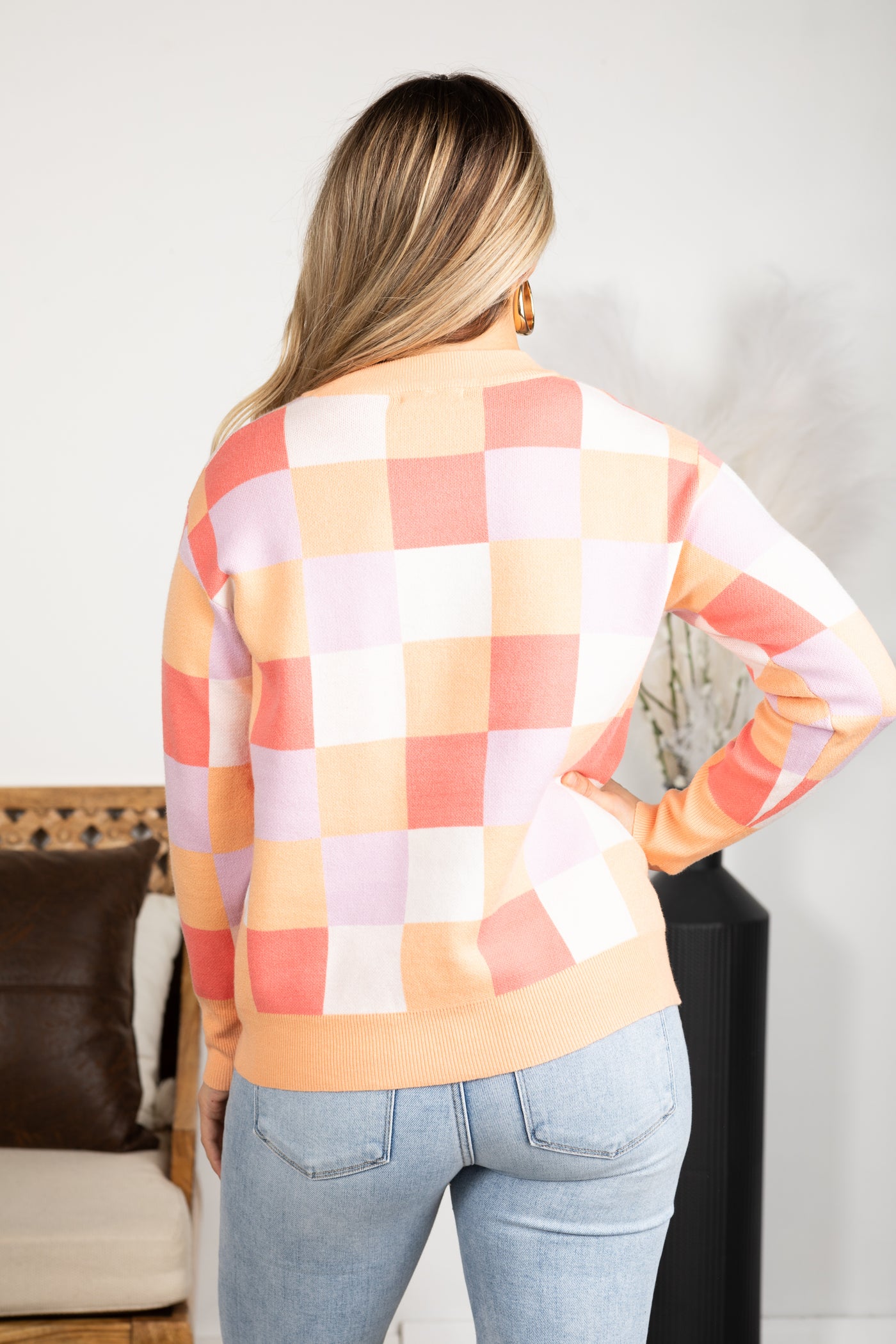 Multi Colored Checkerboard Print Knit Top