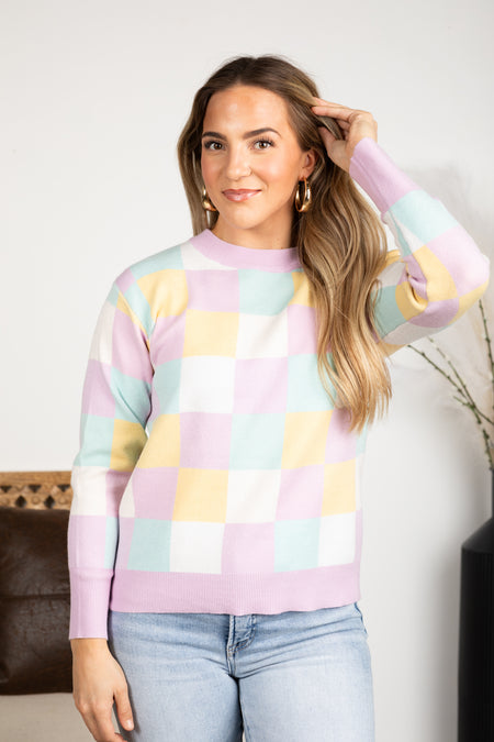 Multi Colored Checkerboard Print Knit Top