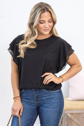 Black Flutter Sleeve Round Neck Top