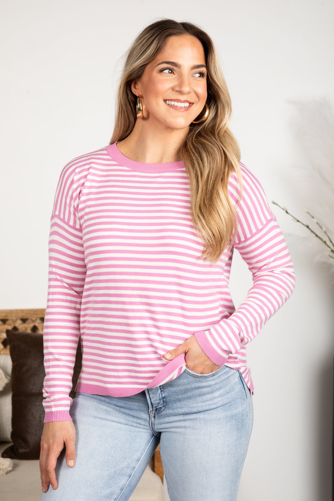 Striped Contrast Rib Detail Pullover Sweater