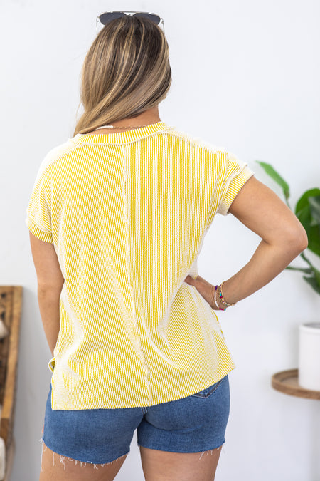 Yellow Solid Rib V-Neck Knit Top