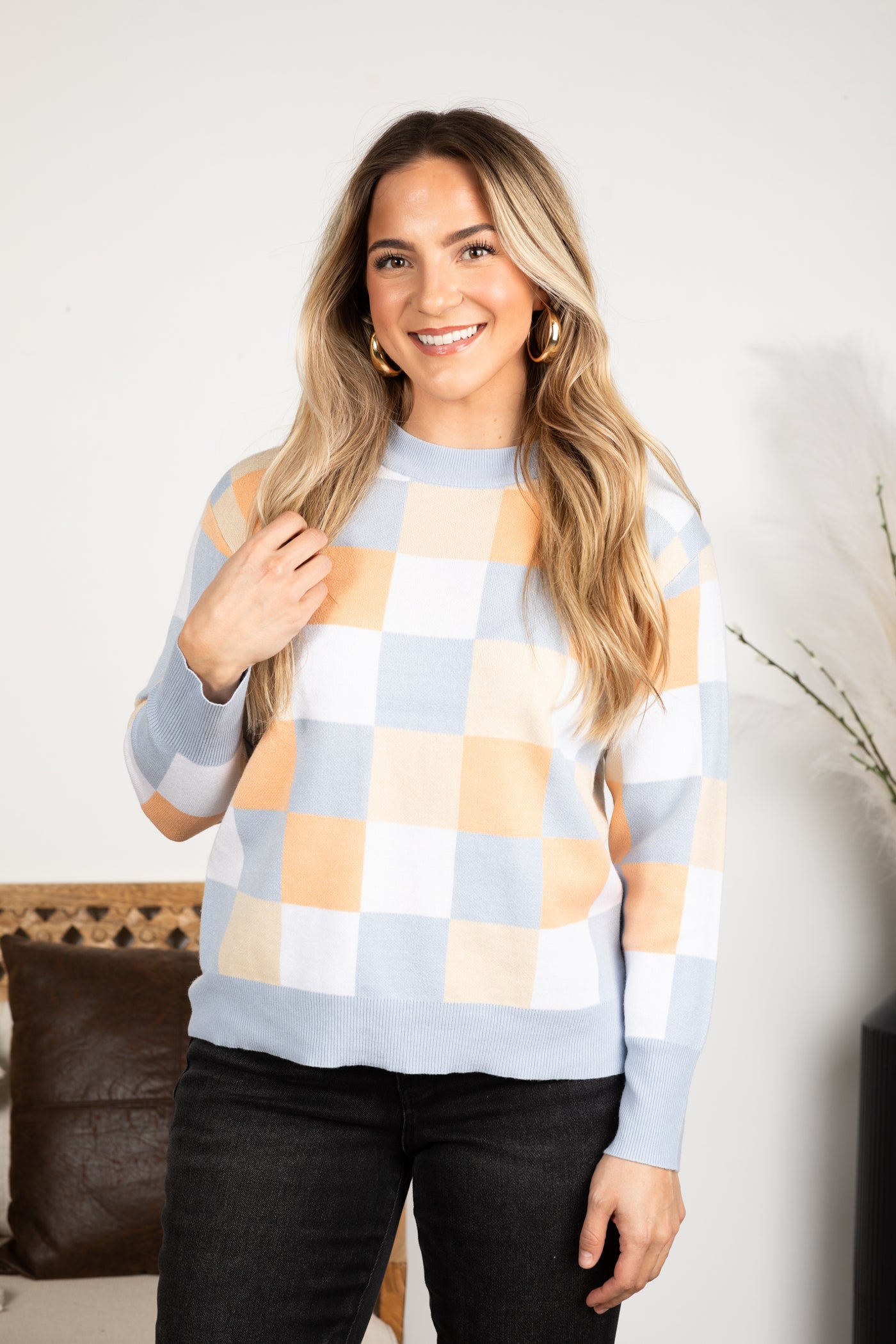 Multi Colored Checkerboard Print Knit Top