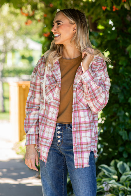 Pink and Cream Hooded Plaid Shacket