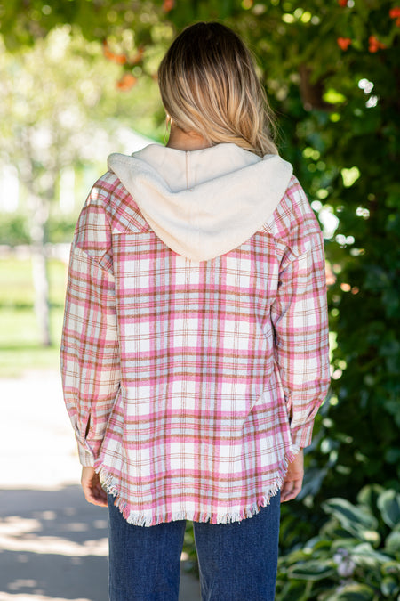 Pink and Cream Hooded Plaid Shacket