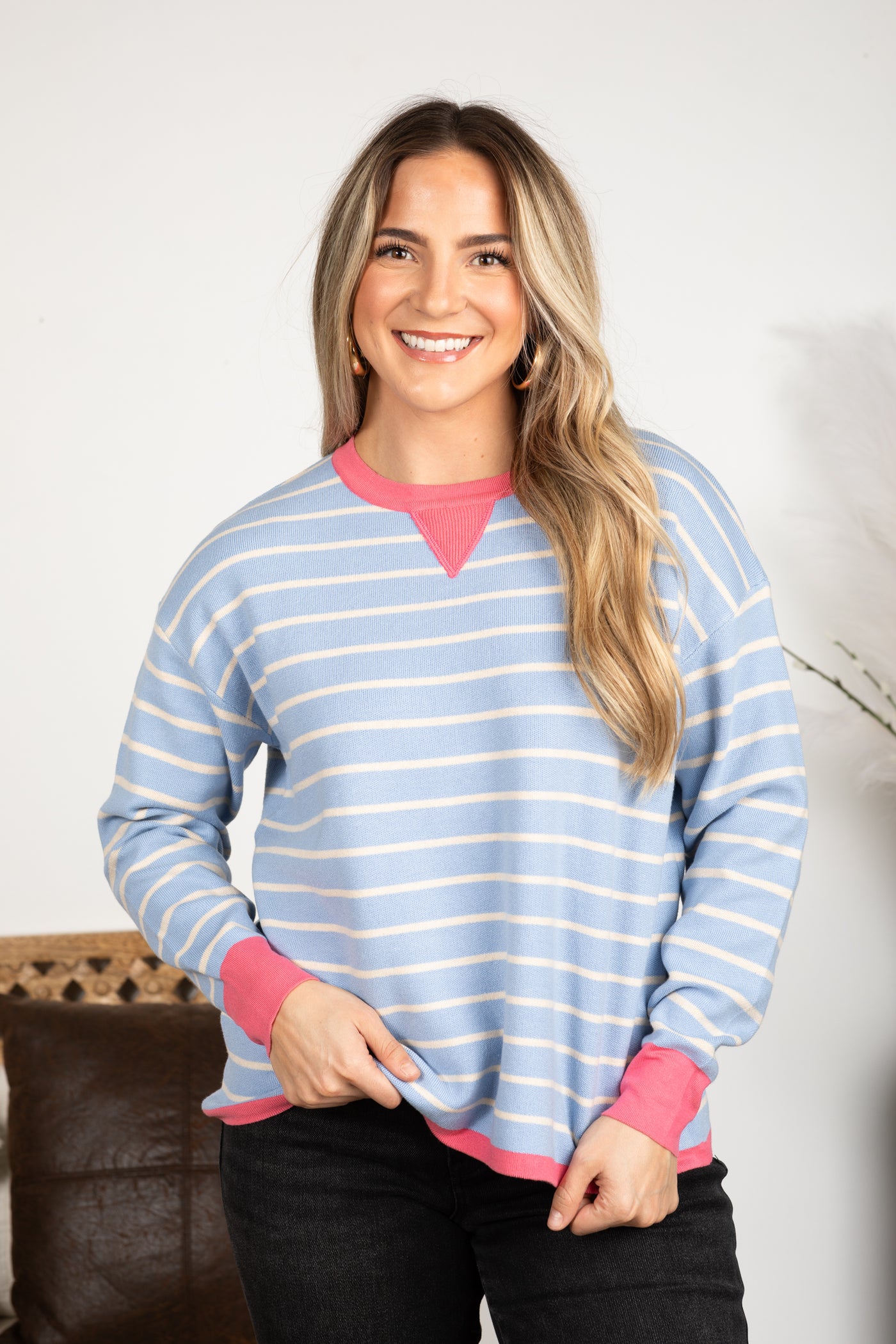 Oversized Striped Color Contrast Crew Neck Top