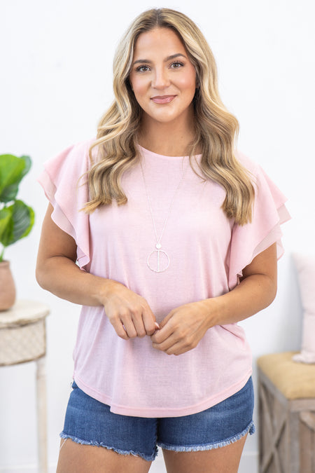 Baby Pink Flutter Sleeve Round Neck Top