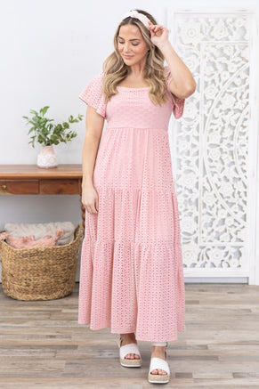 Dusty Pink Eyelet Square Neck Lace Maxi Dress