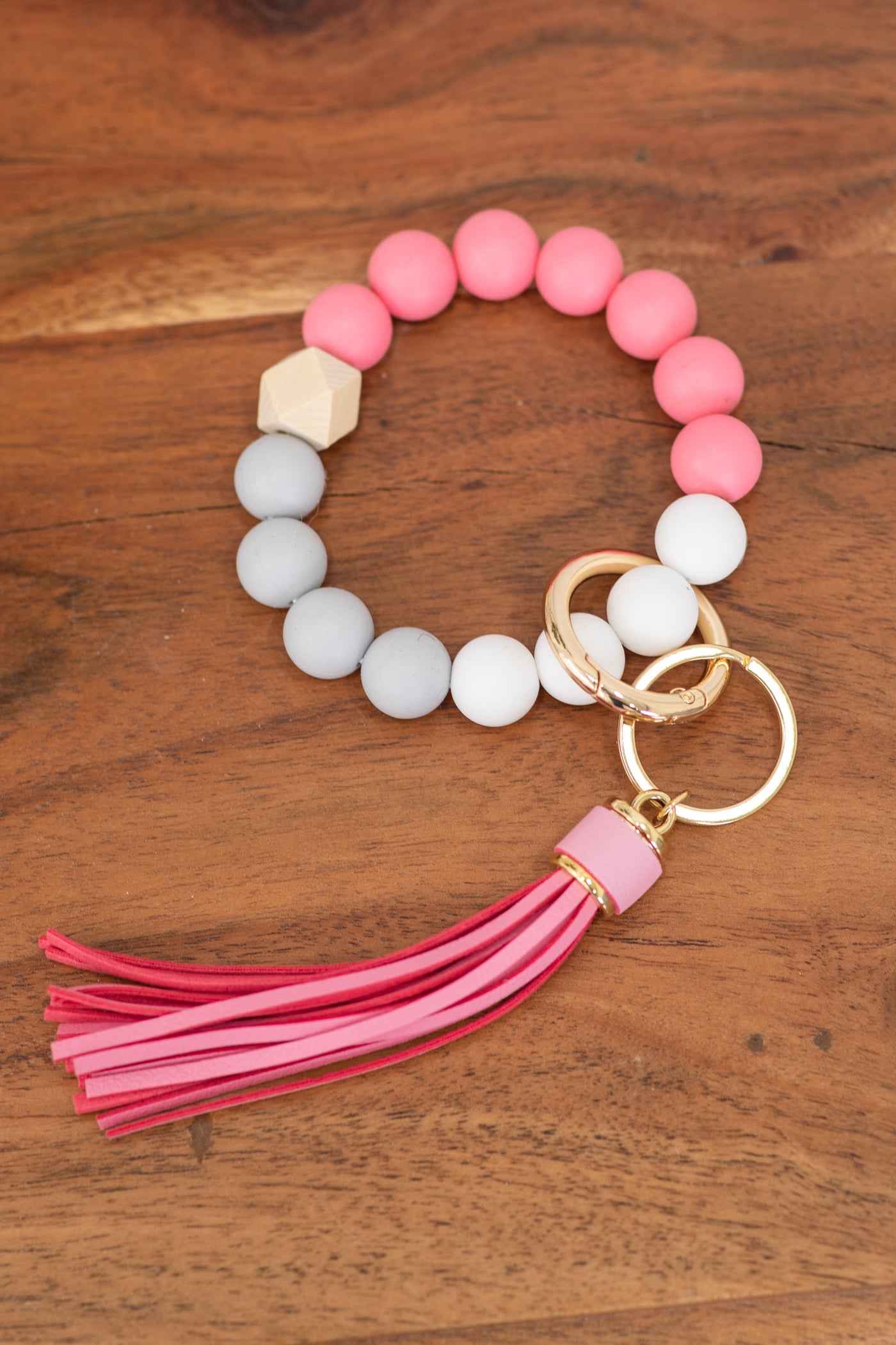 Pink and Grey Key Ring With Tassel