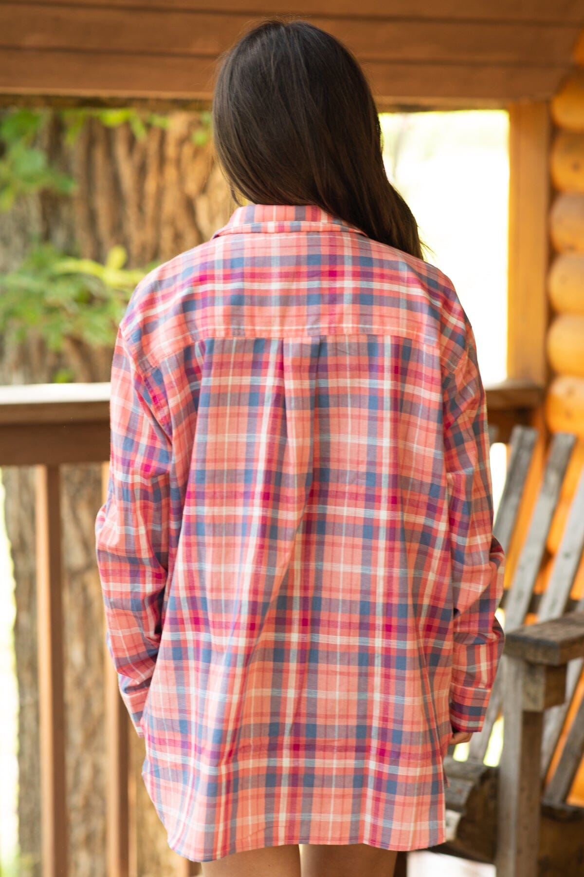 Salmon and Purple Plaid Button Up Top - Filly Flair