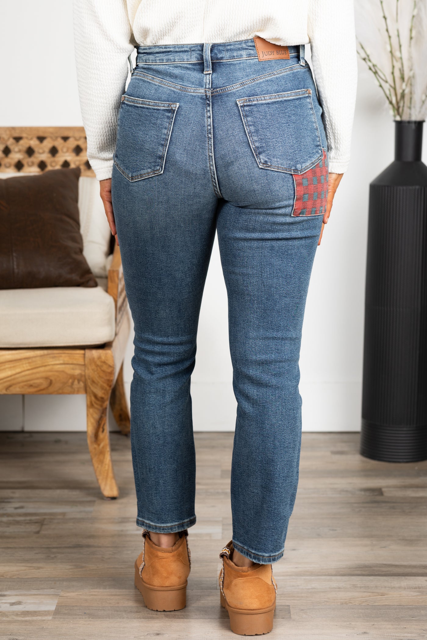 Judy Blue Medium Wash Plaid Patch Slim Jeans