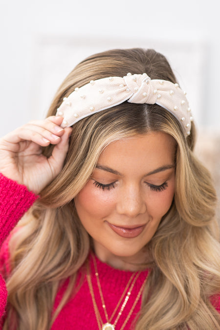 Beige and White Headband With Pearls