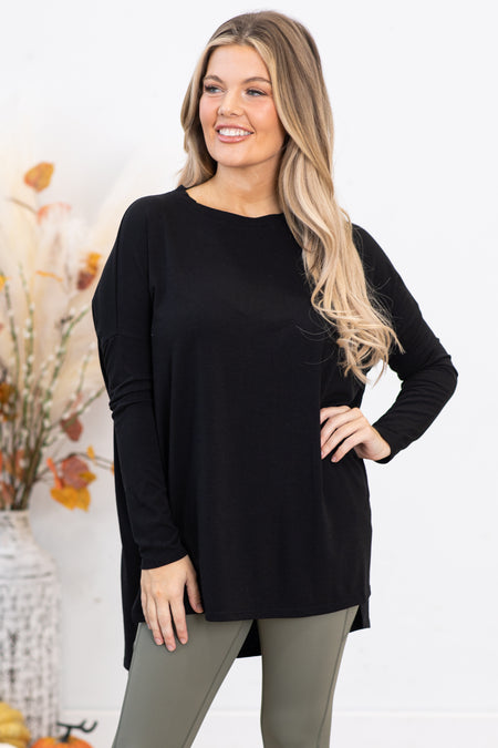 Black Dolman Sleeve Top With Side Slit