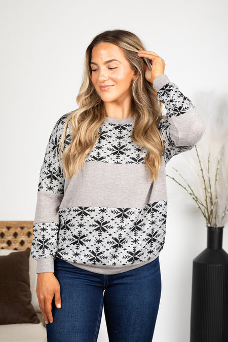 Grey Snowflake Print Knit Top