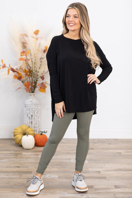 Black Dolman Sleeve Top With Side Slit