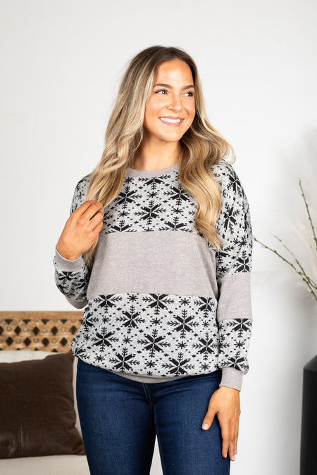 Grey Snowflake Print Knit Top