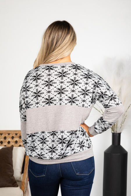 Grey Snowflake Print Knit Top