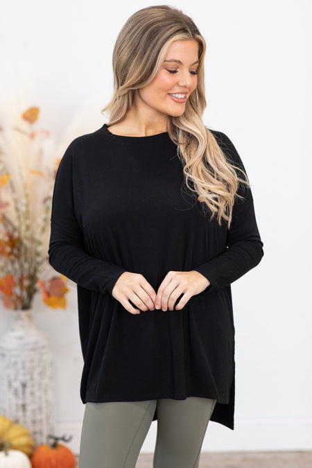 Black Dolman Sleeve Top With Side Slit