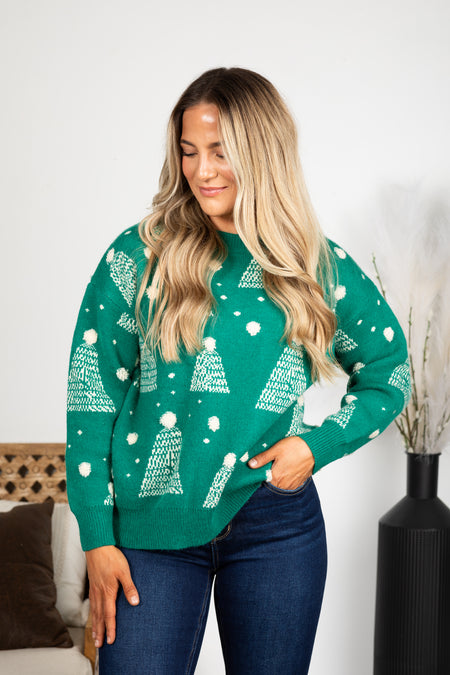 Holiday Tree Print Pompom Detail Sweaters