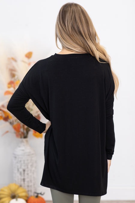 Black Dolman Sleeve Top With Side Slit