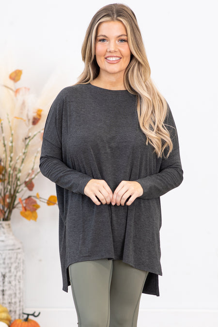 Charcoal Dolman Sleeve Top With Side Slit