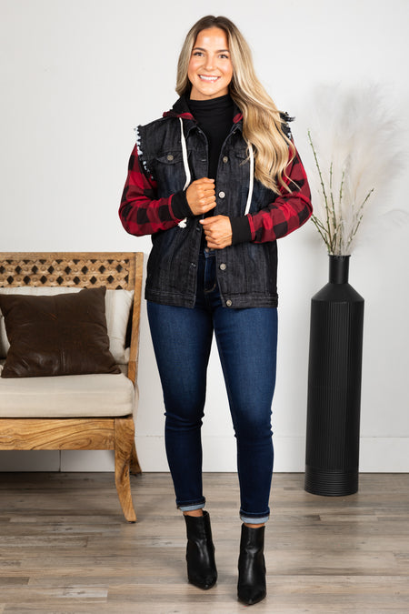 PRE-ORDER Black With Buffalo Plaid Denim Jacket shipping apx 12/5