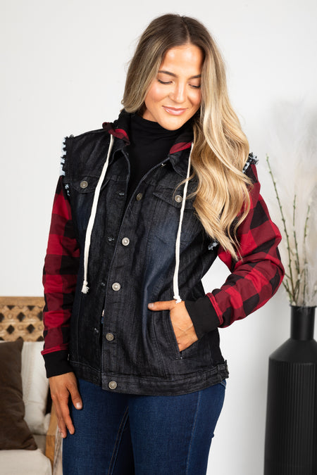 PRE-ORDER Black With Buffalo Plaid Denim Jacket shipping apx 12/5