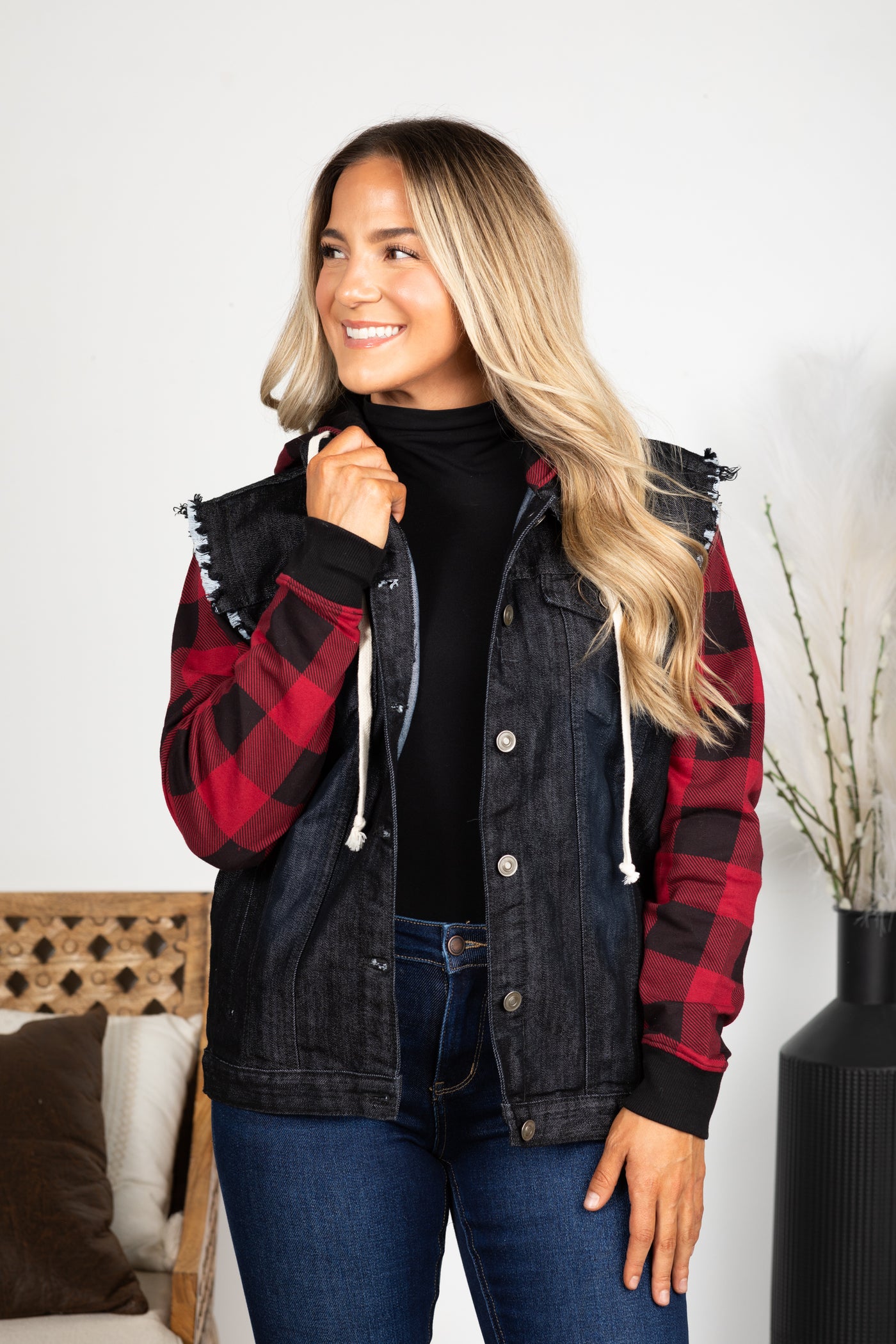 PRE-ORDER Black With Buffalo Plaid Denim Jacket shipping apx 12/5