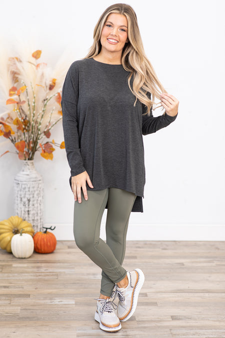 Charcoal Dolman Sleeve Top With Side Slit