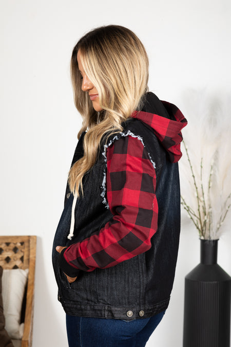 PRE-ORDER Black With Buffalo Plaid Denim Jacket shipping apx 12/5