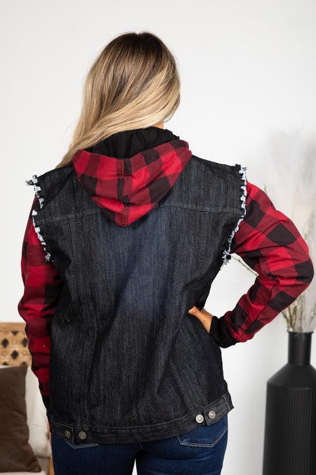 PRE-ORDER Black With Buffalo Plaid Denim Jacket shipping apx 12/5