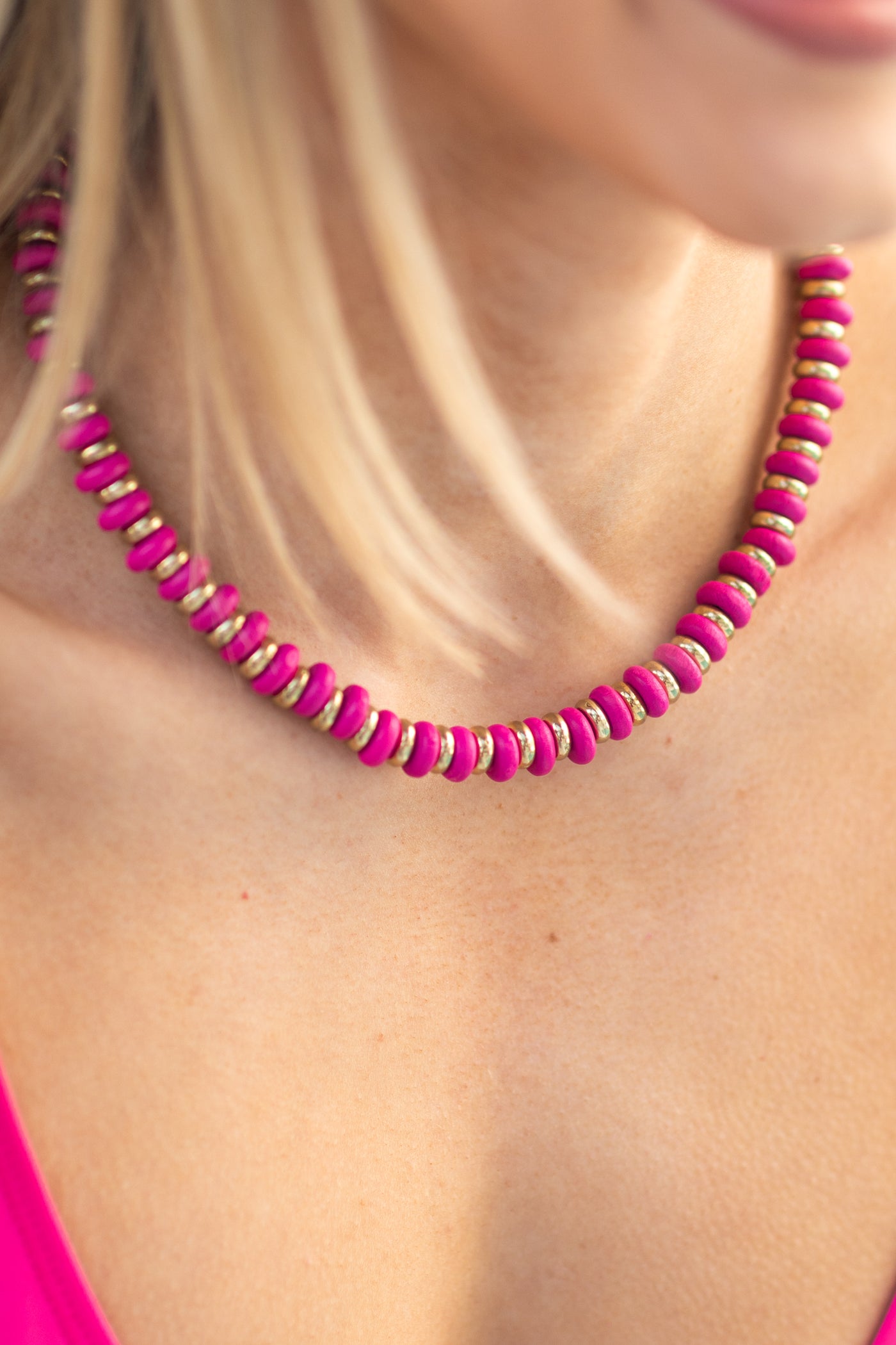 Fuchsia Wood Bead Necklace