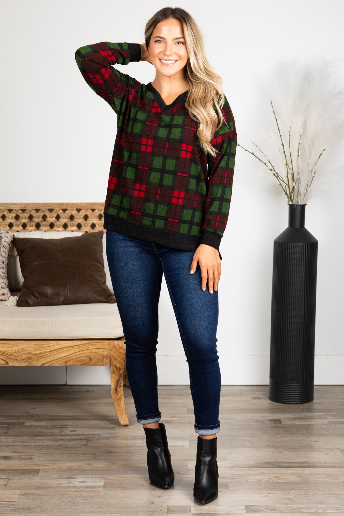 PRE-ORDER Green And Red Plaid V-Neck Knit Top shipping apx 12/5