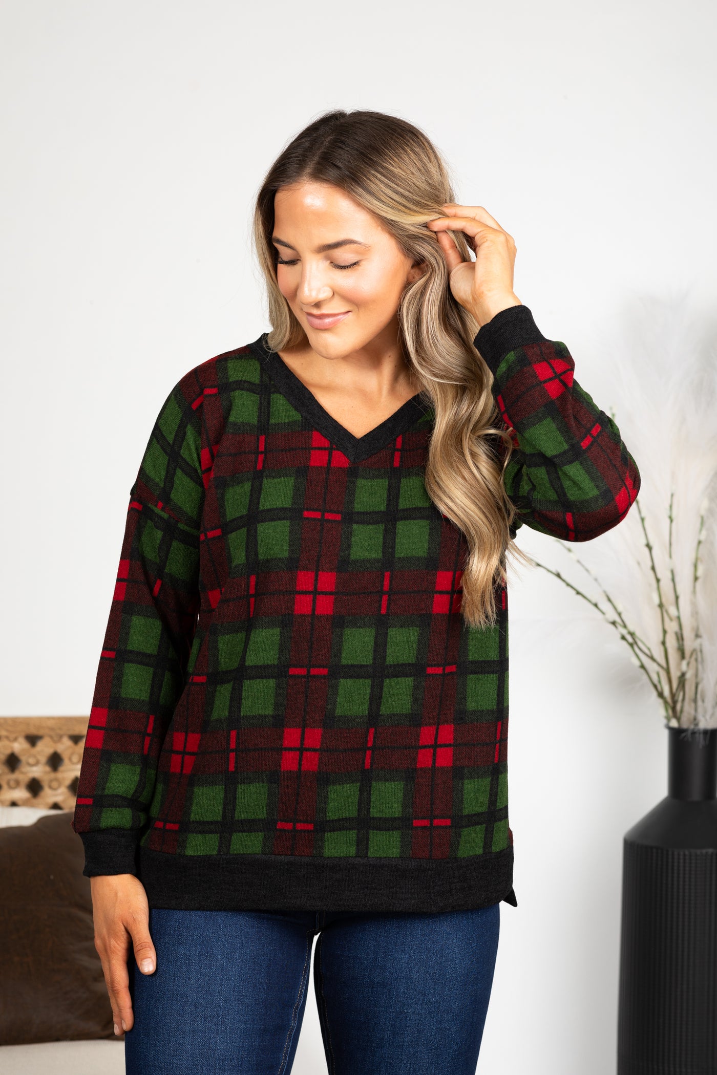 PRE-ORDER Green And Red Plaid V-Neck Knit Top shipping apx 12/5