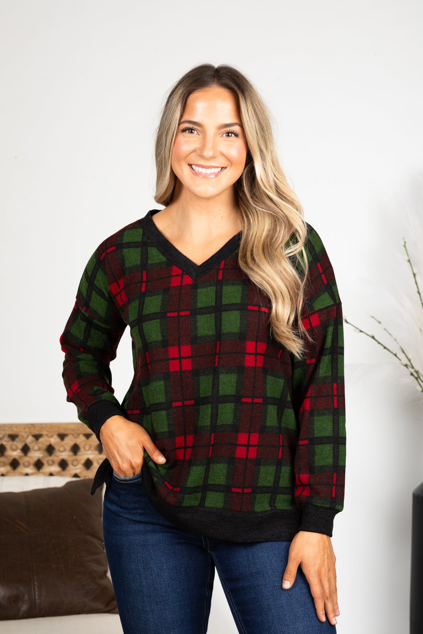 PRE-ORDER Green And Red Plaid V-Neck Knit Top shipping apx 12/5