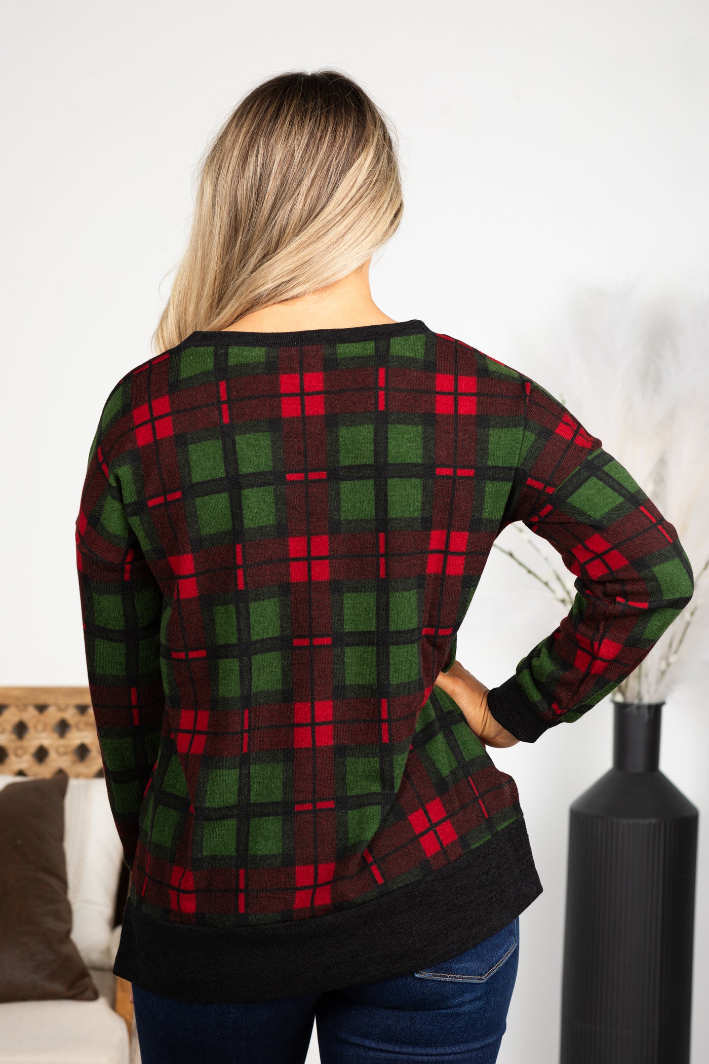 PRE-ORDER Green And Red Plaid V-Neck Knit Top shipping apx 12/5