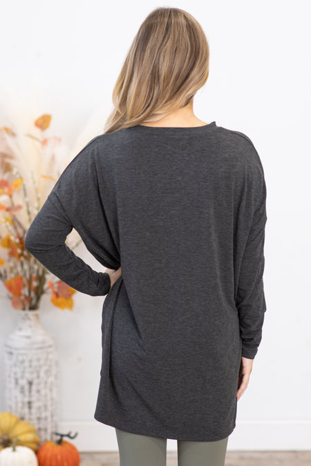 Charcoal Dolman Sleeve Top With Side Slit