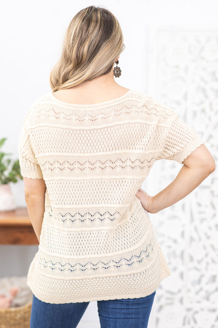 Beige Short Sleeve Open Knit Detail Top